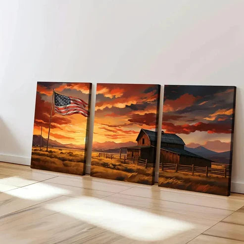 3pcs Rustic Barn American Flag Sun Shine Clouds Wall Art Canvas Unframed - High Quality Print 100% Australian Made Wall Canvas