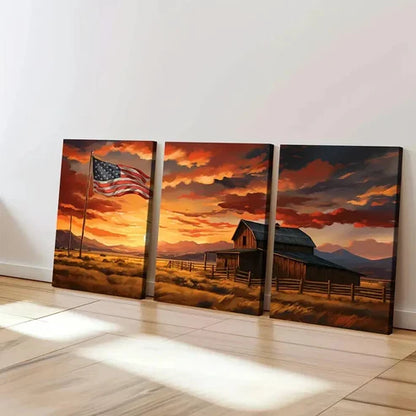 3pcs Rustic Barn American Flag Sun Shine Clouds Wall Art Canvas Unframed - High Quality Print 100% Australian Made Wall Canvas