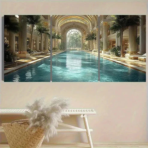 3pcs Luxury Indoor Pool Vintage Wall Art Canvas Unframed - High Quality Print 100% Australian Made Wall Canvas - Bella Home Decor