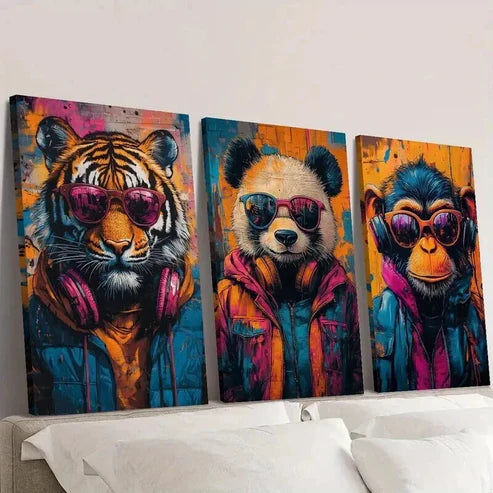 3pcs Tiger Panda and Gorilla Stylish Beasts Wall Art Canvas Unframed - High Quality Print 100% Australian Made Wall Canvas