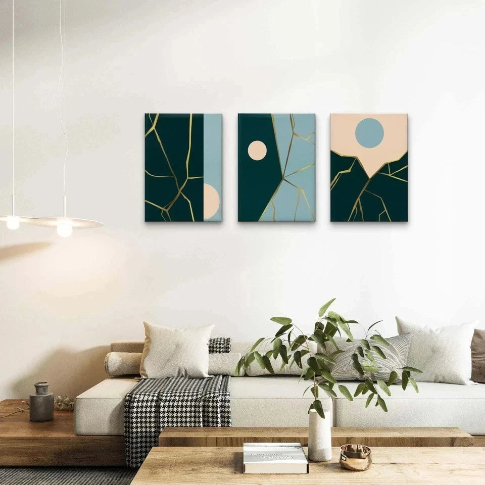 3pcs Japanese Art Inspired Gold and Colour Blue Wall Art Set Canvas Framed 50x70cm - High Quality Print 100% Australian Made Wall Canvas Ready to Hang