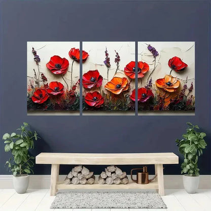 3pcs Red Poppies Light White Flower Wall Art Set Canvas Unframed - High Quality Print 100% Australian Made Wall Canvas