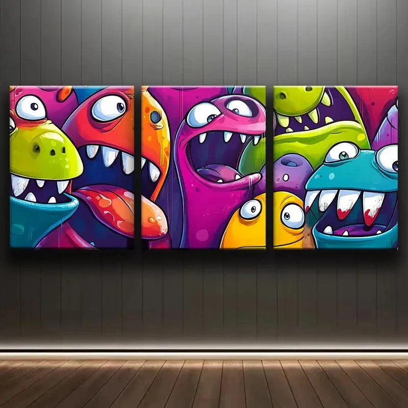 3pcs Colorful Cartoon Monsters Wall Art Set Canvas Framed 40x60cm - High Quality Print 100% Australian Made Wall Canvas Ready to Hang - Bella Home Decor