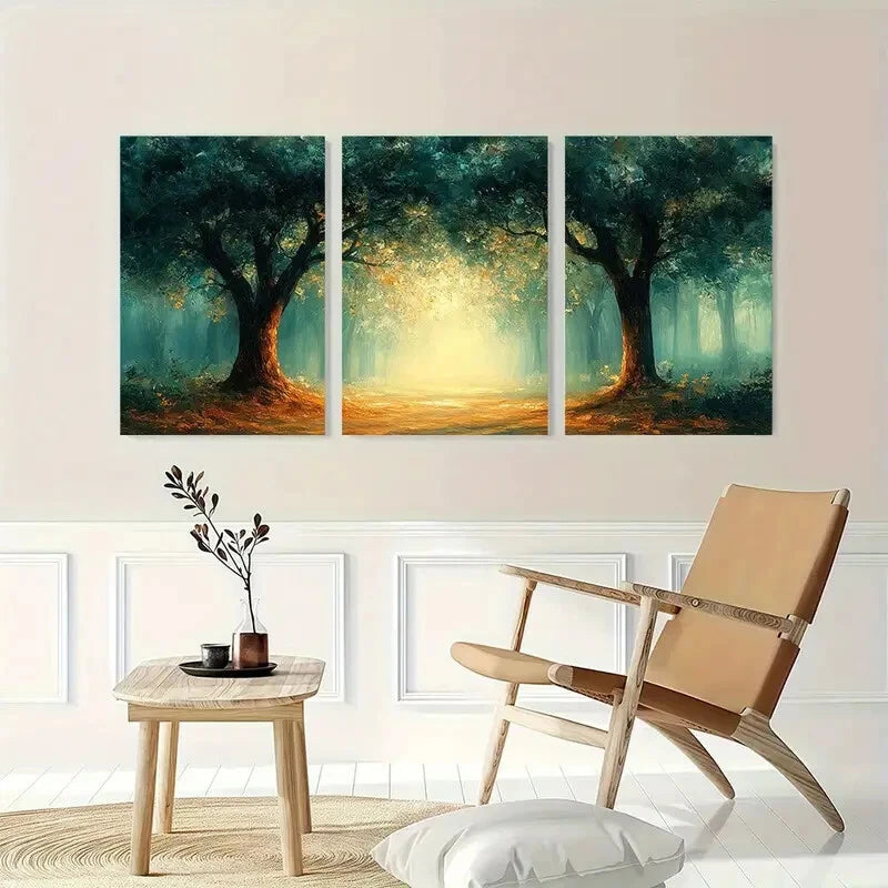 3pcs Abstract Forest Painting with Green Golden Metal Print Ready to Hang Art - Bella Home Decor