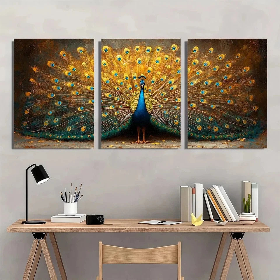 3pcs Vintage Peacock Golden & Blue Wall Art Set Canvas Framed 40x60cm - High Quality Print 100% Australian Made Wall Canvas Ready to Hang