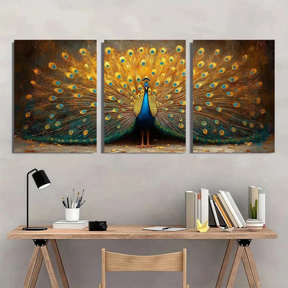 3pcs Vintage Peacock Golden & Blue Wall Art Set Canvas Framed 40x60cm - High Quality Print 100% Australian Made Wall Canvas Ready to Hang