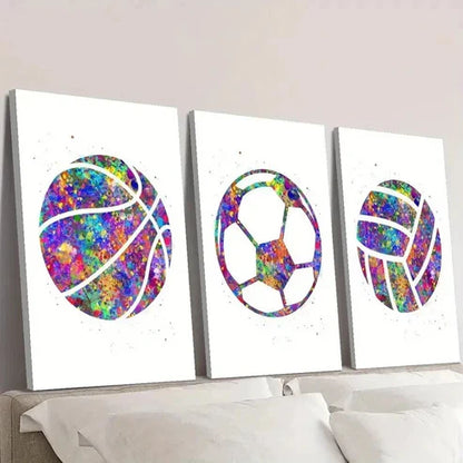 3pcs Colorful Basketball Volleyball & Soccer Wall Art Canvas Unframed - High Quality Print 100% Australian Made Wall Canvas - Bella Home Decor