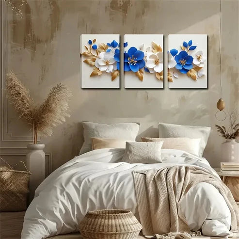 3pcs Blue & White Floral Design Triptych Perfect Wall Art Canvas Unframed - High Quality Print 100% Australian Made Wall Canvas - Bella Home Decor