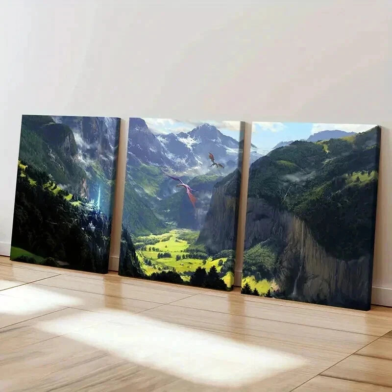 3pcs Fantasy Otherworld Art Dragons Valley Wall Art Set Canvas Framed 60x90cm - High Quality Print 100% Australian Made Wall Canvas Ready to Hang - Bella Home Decor