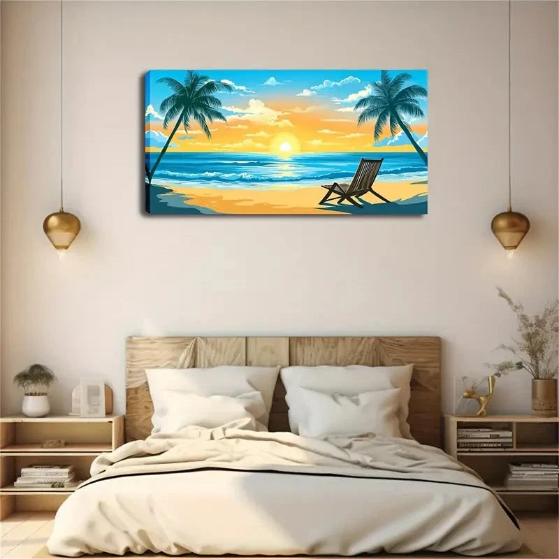 Beach Sunset With Deck Chair Wall Art Canvas Office Home Room Framed 120x60cm