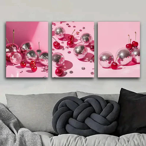 3pcs Cherries & Disco Balls Delicious Perfect Wall Art Set Canvas Unframed - High Quality Print 100% Australian Made Wall Canvas - Bella Home Decor