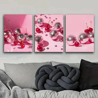 3pcs Cherries & Disco Balls Delicious Perfect Wall Art Set Canvas Unframed - High Quality Print 100% Australian Made Wall Canvas - Bella Home Decor