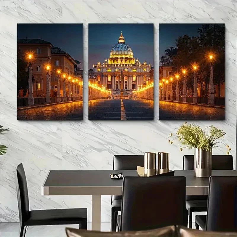 3pcs St. Peter'S Basilica Illuminated Perfect Wall Art Set Canvas Framed 50x70cm - High Quality Print 100% Australian Made Wall Canvas Ready to Hang