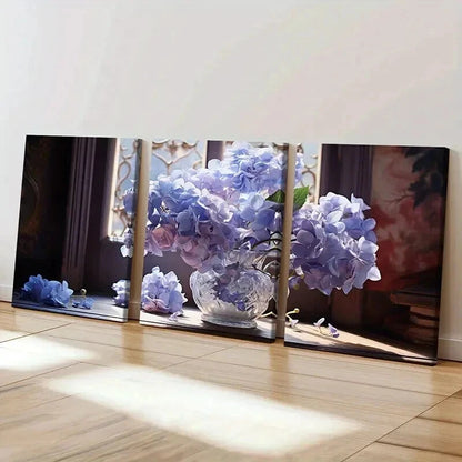 3pcs Vase Purple Flowers Hydrangeas Wall Art Set Canvas Framed 60x90cm - High Quality Print 100% Australian Made Wall Canvas Ready to Hang - Bella Home Decor