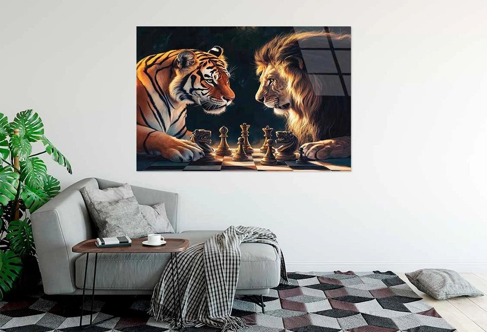 Tiger and Lion Playing Chess Glass Printing Wall Art Australian Made Quality - Bella Home Decor