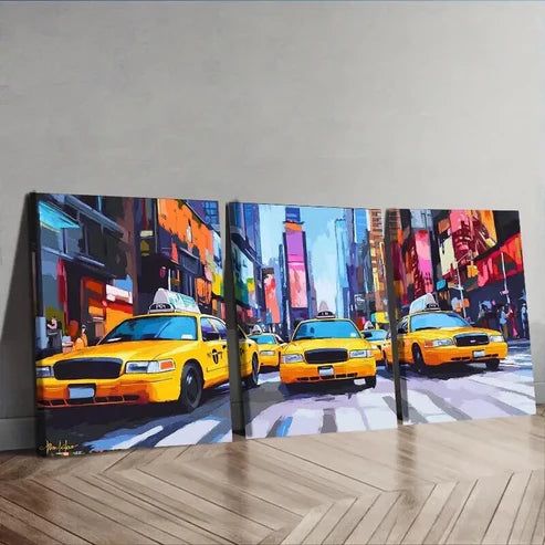 3pcs Urban Cabs in Cityscape Colorful Perfect Wall Art Set Canvas Unframed - High Quality Print 100% Australian Made Wall Canvas