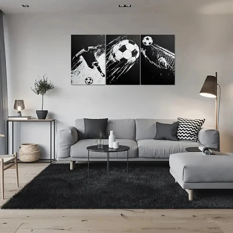 3pcs Black & White Soccer Dynamic Football Metal Print Ready to Hang Art - Bella Home Decor
