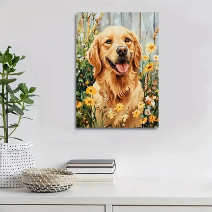 Golden Retriever in Flower Field Painting 40x60cm Metal Print Ready to Hang