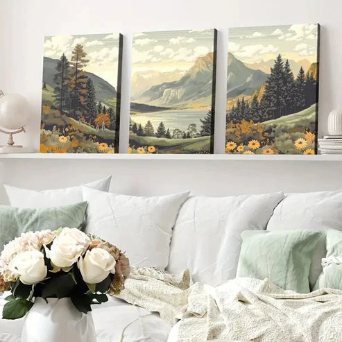 3pcs Vintage Style Mountain Landscape Nature Wall Art Set Canvas Unframed - High Quality Print 100% Australian Made Wall Canvas