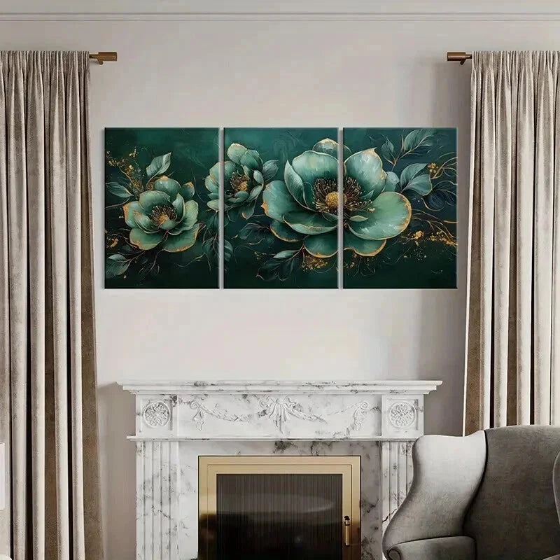 3pcs Teal Floral with Golden Accents Wall Art Set Canvas Framed 60x90cm - High Quality Print 100% Australian Made Wall Canvas Ready to Hang - Bella Home Decor