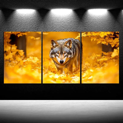 3pcs Majestic Wolf Trio Yellow Forest Metal Print Ready to Hang Art - Bella Home Decor