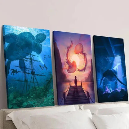 3pcs Giant Jellyfish Dolphin & Turtle Wall Art Canvas Unframed - High Quality Print 100% Australian Made Wall Canvas - Bella Home Decor