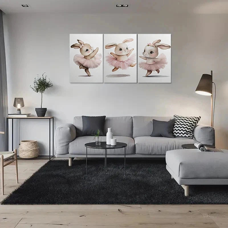 3pcs Adorable Bunny Ballerina Cute Animal Metal Print Ready to Hang Art - Bella Home Decor