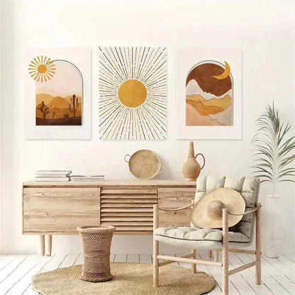 3pcs Western Desert Sun Moon Modern Perfect Wall Art Set Canvas Framed 50x70cm - High Quality Print 100% Australian Made Wall Canvas Ready to Hang