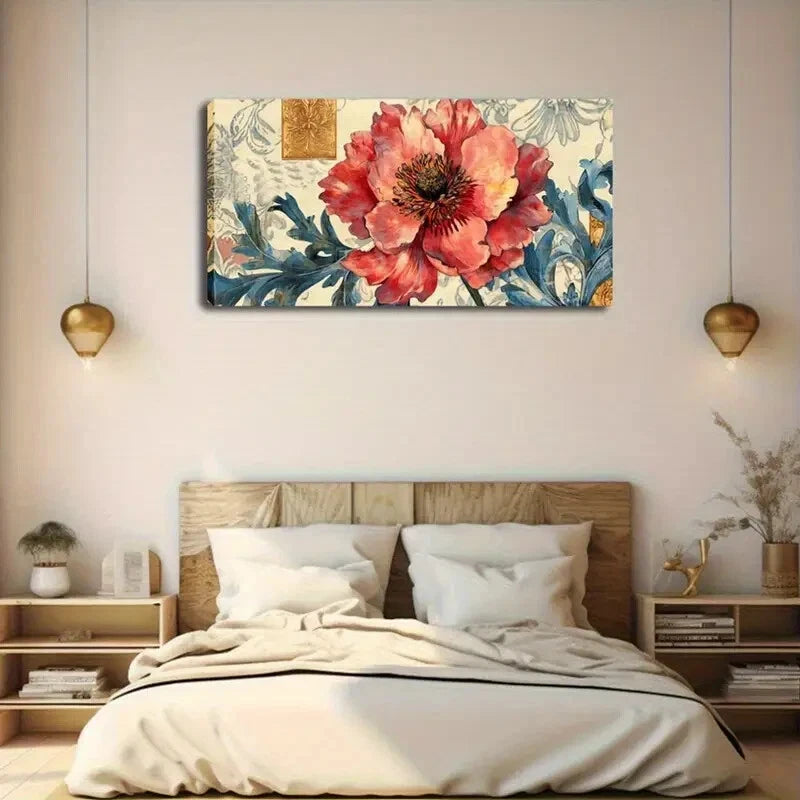 Vibrant Red Flower with Purple Wall Art Canvas Office Home Room Framed 120x60cm - Bella Home Decor