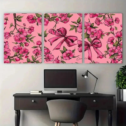 3pcs Ma Cherie Pink Bow Feminine Perfect Wall Art Set Canvas Framed 60x90cm - High Quality Print 100% Australian Made Wall Canvas Ready to Hang