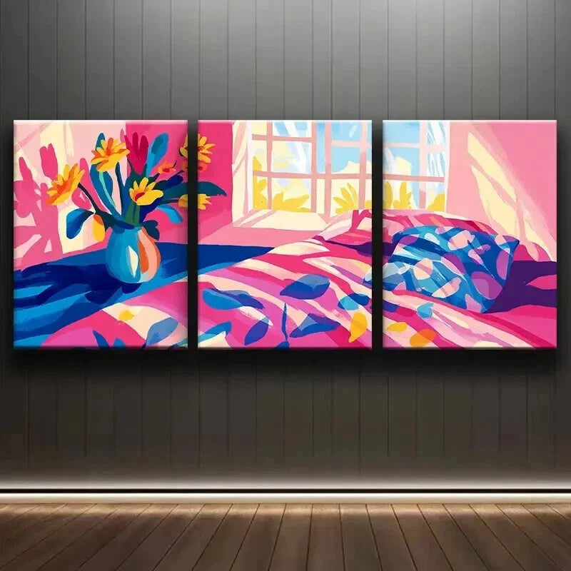3pcs Illustration of Bedroom Colorful Perfect Wall Art Set Canvas Framed 60x90cm - High Quality Print 100% Australian Made Wall Canvas Ready to Hang