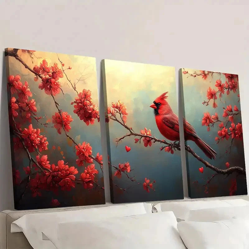 3pcs Vibrant Cardinal & Cherry Blossom Wall Art Set Canvas Framed 40x60cm - High Quality Print 100% Australian Made Wall Canvas Ready to Hang
