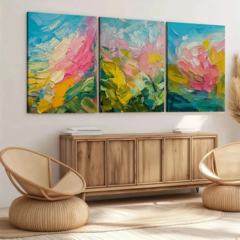 3pcs Abstract Art Blue Pink Yellow Nature Wall Art Set Canvas Unframed - High Quality Print 100% Australian Made Wall Canvas - Bella Home Decor