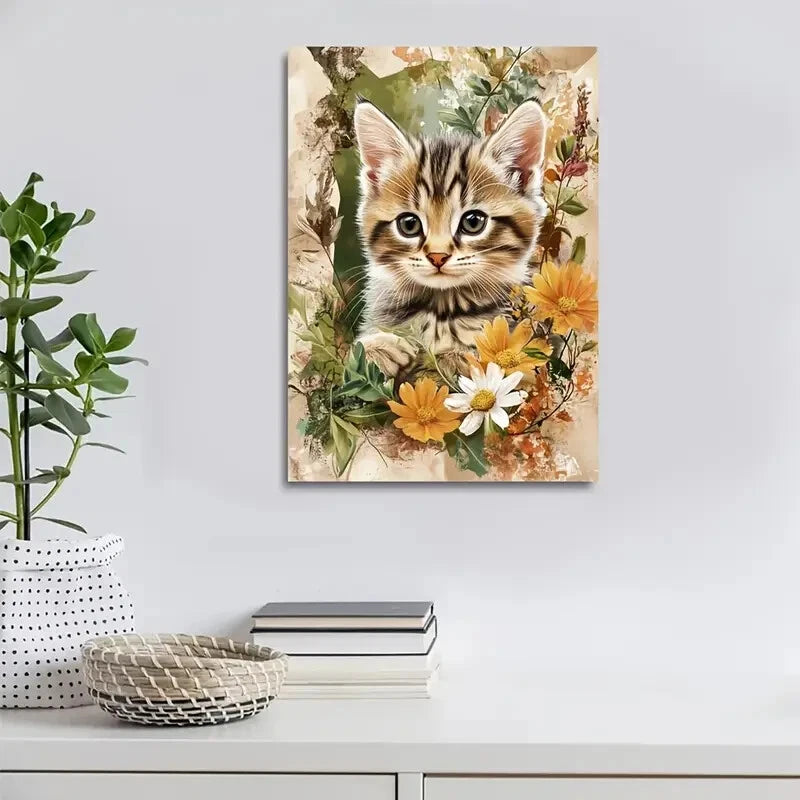 Adorable Tabby Kitten with Flowers & Plants Painting 40x60cm Metal Print Ready to Hang - Bella Home Decor