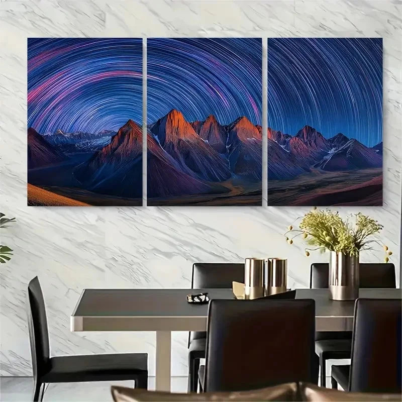 3pcs Night Sky Over Moonlit Mountain Range Metal Print Ready to Hang Art