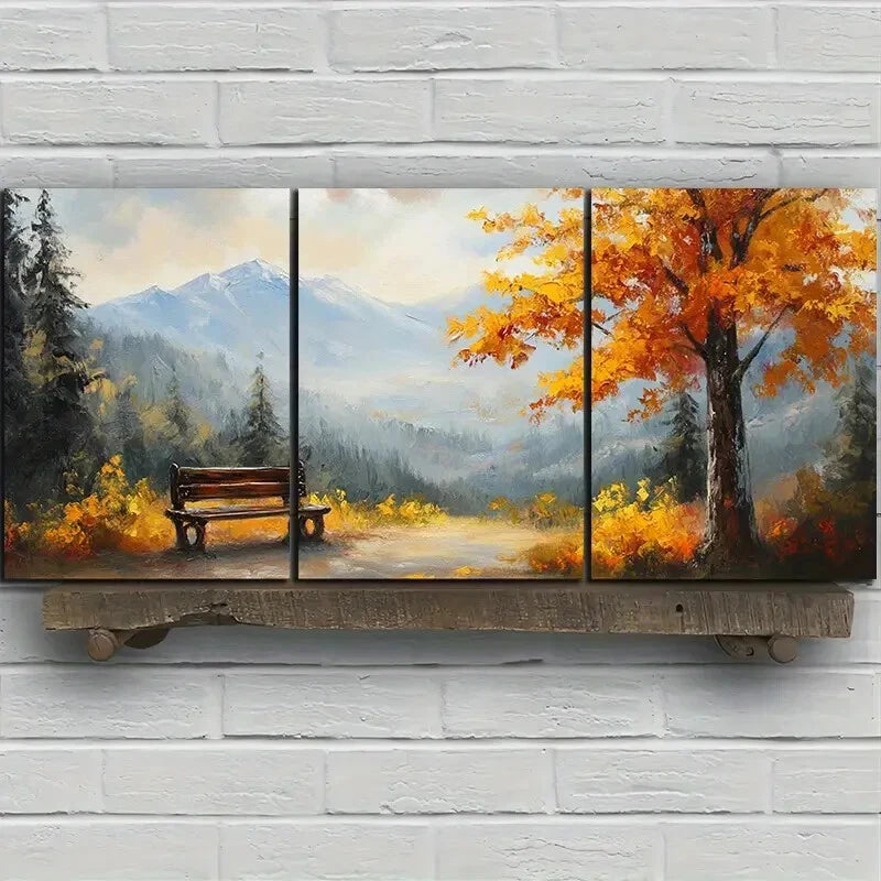 3pcs A Bench Under Autumn Leaves Metal Print Ready to Hang Art - Bella Home Decor