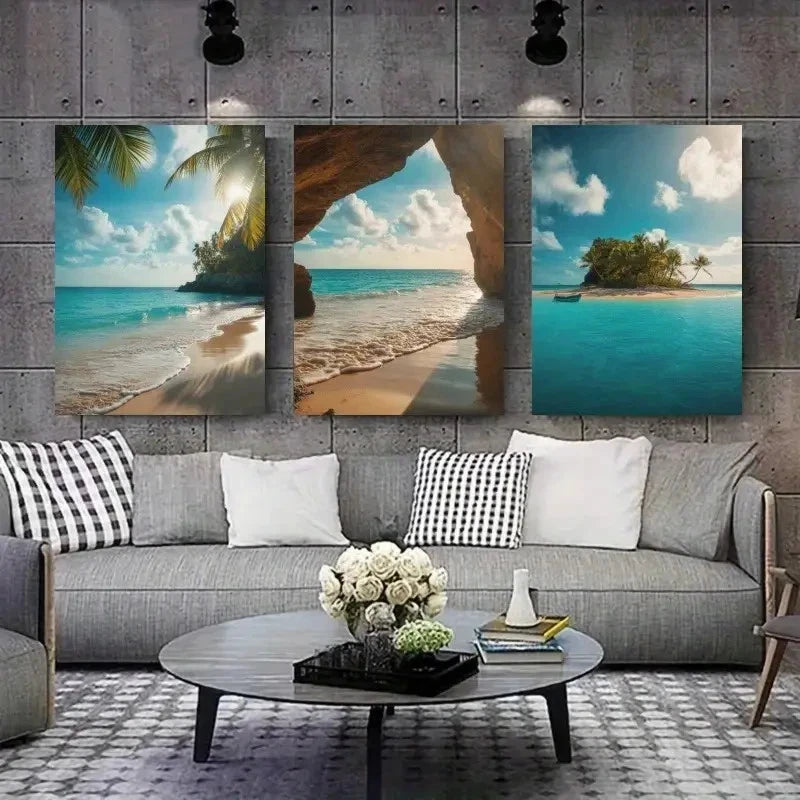 3pcs Palm Trees, Blue Ocean, Sandy Beach, Clear Wall Art Set Canvas Framed 40x60cm - High Quality Print 100% Australian Made Wall Canvas Ready to Hang