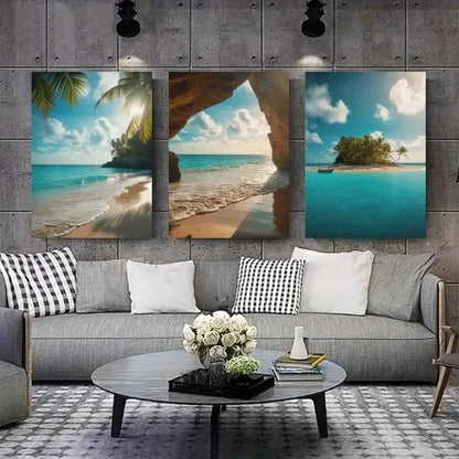 3pcs Palm Trees, Blue Ocean, Sandy Beach, Clear Wall Art Set Canvas Framed 40x60cm - High Quality Print 100% Australian Made Wall Canvas Ready to Hang