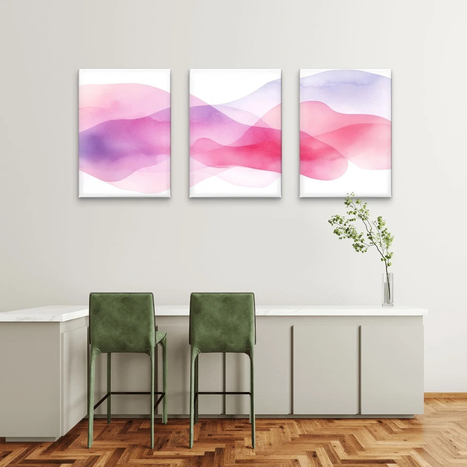 3pcs Pink and Purple Watercolour Wave Modern Wall Art Set Canvas Framed 50x70cm - High Quality Print 100% Australian Made Wall Canvas Ready to Hang