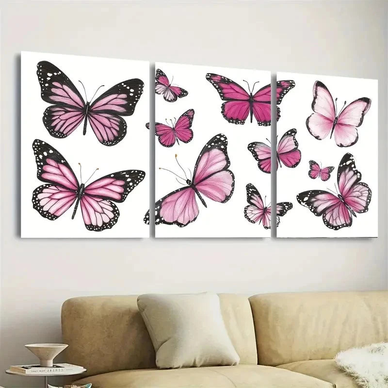 3pcs Farm Style, Pink Butterfly Des Wall Art Set Canvas Framed 60x90cm - High Quality Print 100% Australian Made Wall Canvas Ready to Hang