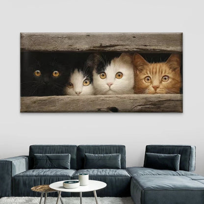 Cat Peeking through Wooden Wall Art Canvas Office Home Room Framed 120x60cm
