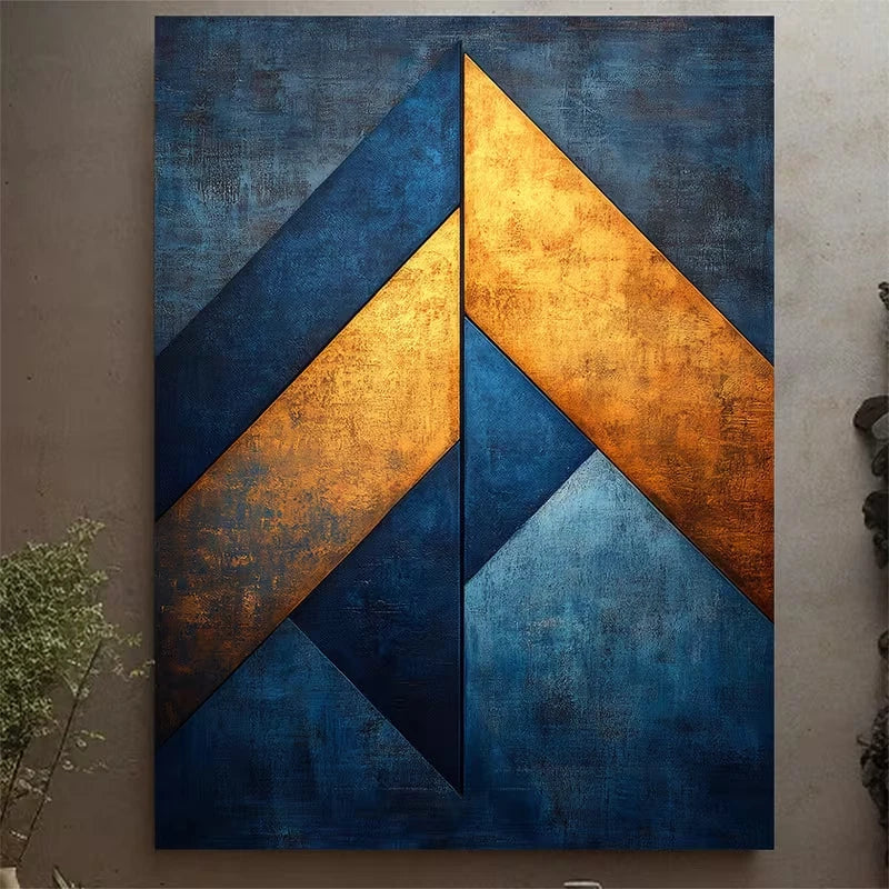 Blue & Golden Geometric Intertwined Shapes Metal Print Ready to Hang