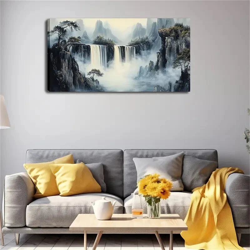 Serene Mountain Waterfall Scene Wall Art Canvas Office Home Room Framed 120x60cm - Bella Home Decor