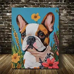 Flowers And Plants Cute Bulldog Dog Painting  40x60cm Metal Print Ready to Hang - Bella Home Decor