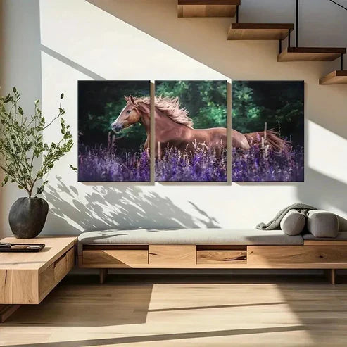 3pcs Horse in Lavender Bush Modern Wall Art Set Canvas Unframed - High Quality Print 100% Australian Made Wall Canvas