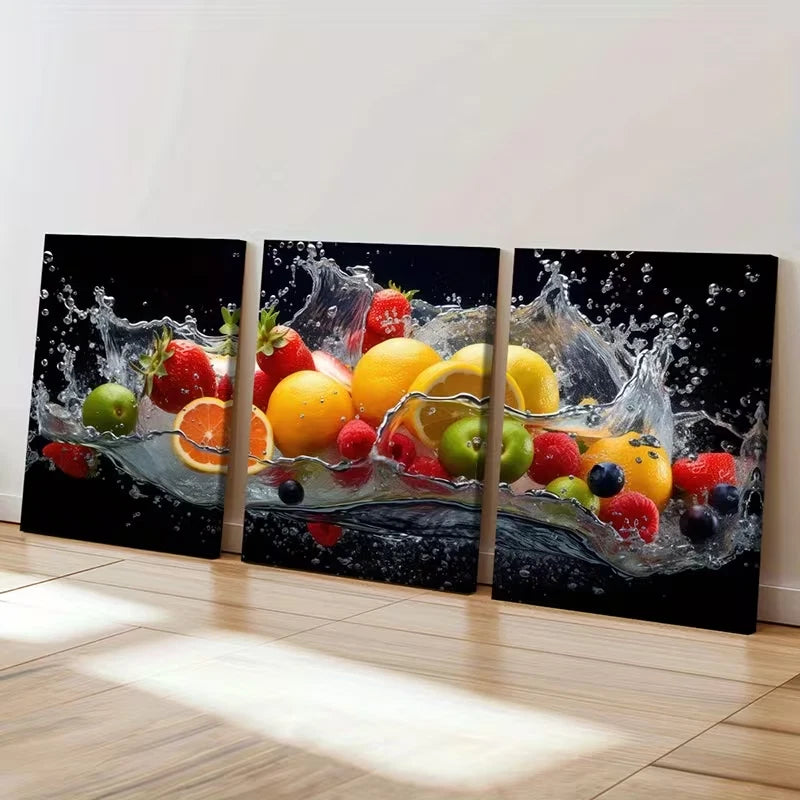 3pcs Vibrant Fruits, Water Splash Modern Paint  Wall Art Set Canvas Framed 60x90cm - High Quality Print 100% Australian Made Wall Canvas Ready to Hang - Bella Home Decor