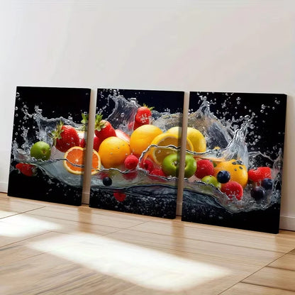 3pcs Vibrant Fruits, Water Splash Modern Paint  Wall Art Set Canvas Framed 60x90cm - High Quality Print 100% Australian Made Wall Canvas Ready to Hang - Bella Home Decor