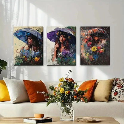 3pcs Women Umbrella & Flower Portraits Perfect Wall Art Set Canvas Framed 60x90cm - High Quality Print 100% Australian Made Wall Canvas Ready to Hang