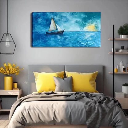 A Small Boat On The Blue Sea Wall Art Canvas Office Home Room Framed 120x60cm