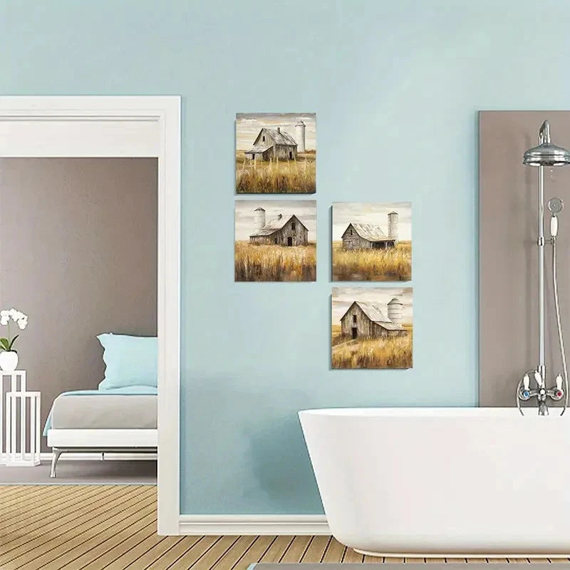 4pcsWeathered Barn & Silo ScenesWall Art Canvas Framed